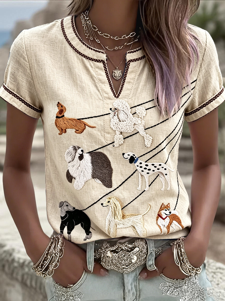 Women’s Cute Dogs Gathering Print Casual Summer Cool Cotton-Linen T-shirt