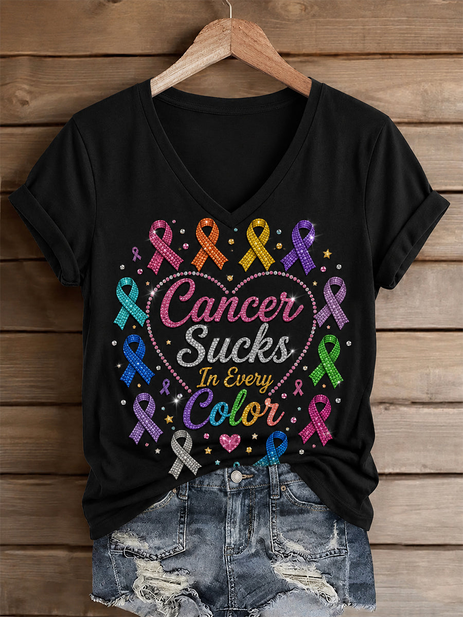 Women's Fight Cancer In All Colors Cancer Awareness Print T-shirt