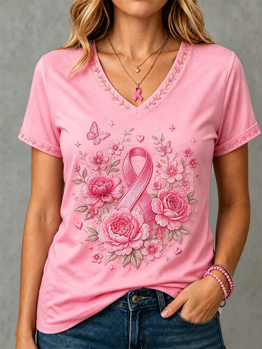 Women's Pink Floral Print Breast Cancer Awareness Support V-Neck Tee