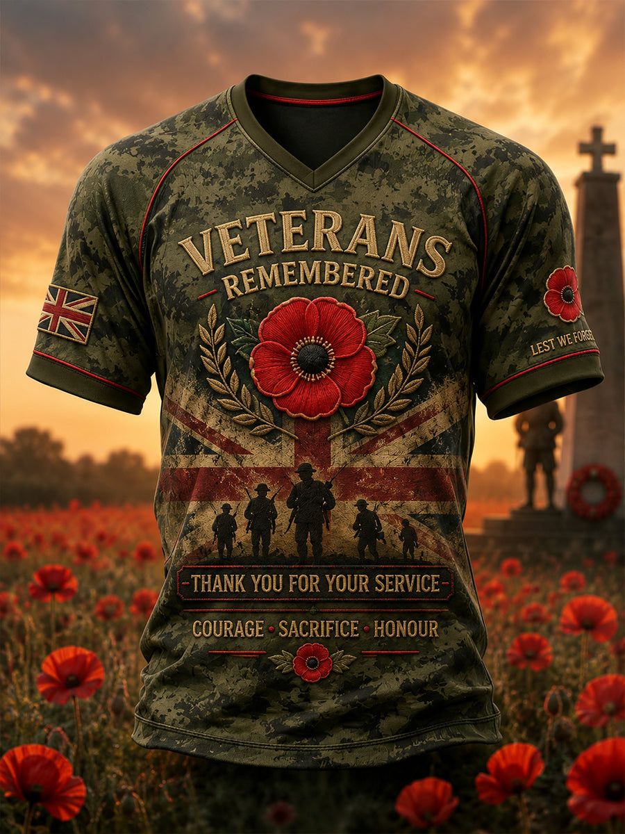 Men's British Veteran Commemorative Print V-Neck Raglan Short-Sleeve T-Shirt