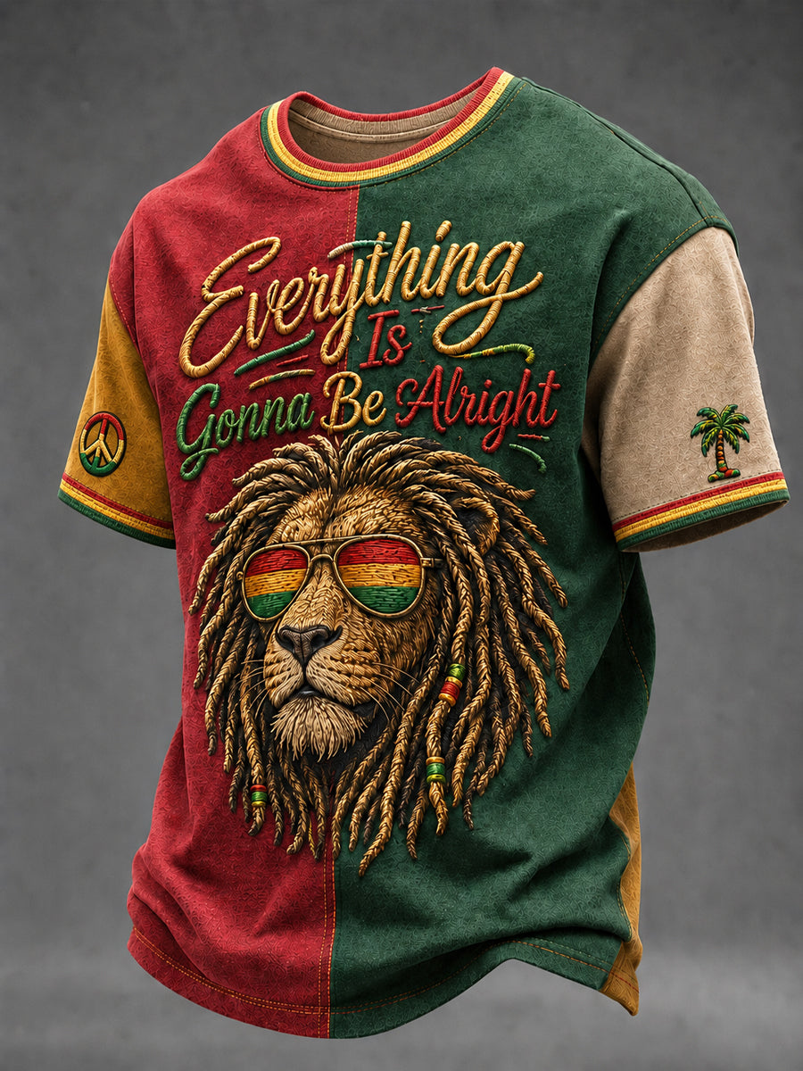 Retro Reggae Lion Patchwork Casual T-Shirt