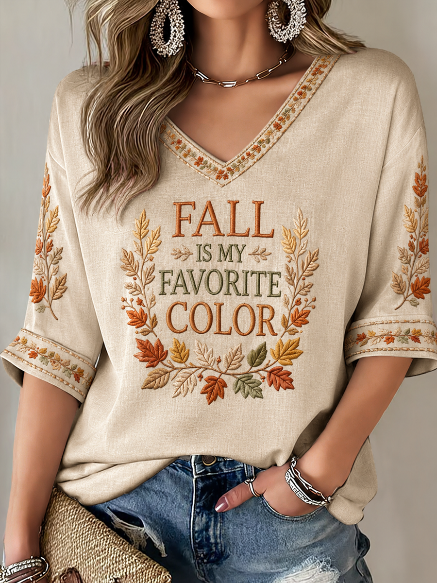 Women's Fall Is My Favorite Color Mid-length Sleeves V-Neck T-Shirt