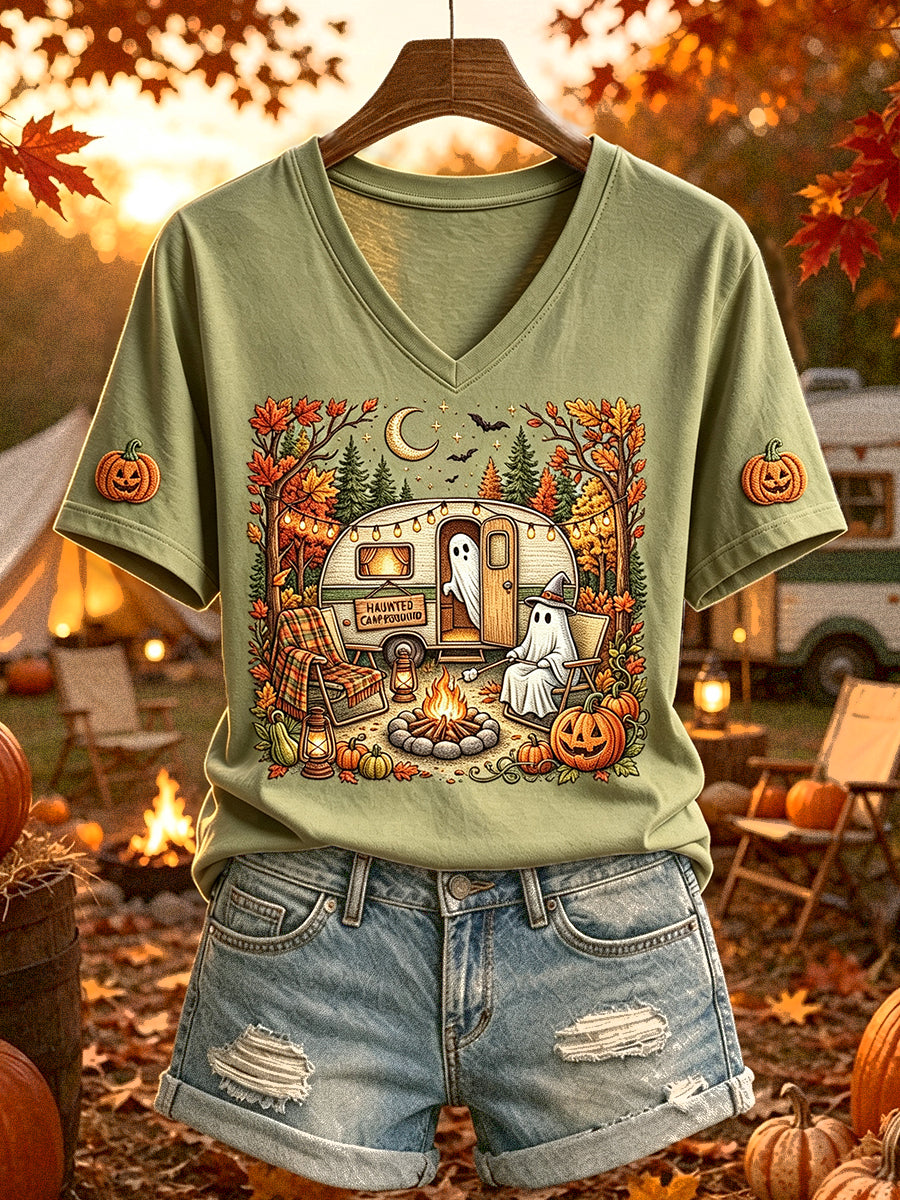 Women's Halloween Ghost Camping Print Short-sleeved T-shirt