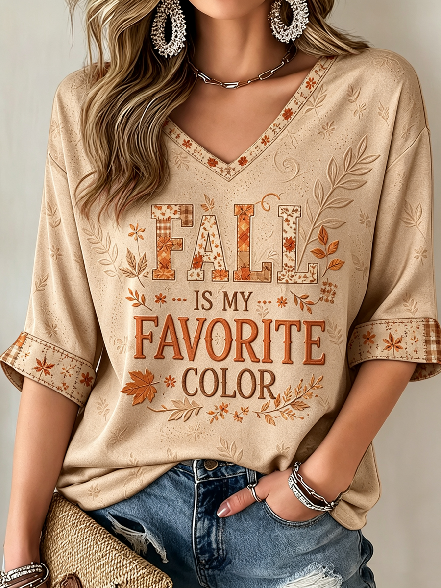 Women's Fall Is My Favorite Color Mid-length Sleeves V-Neck T-Shirt