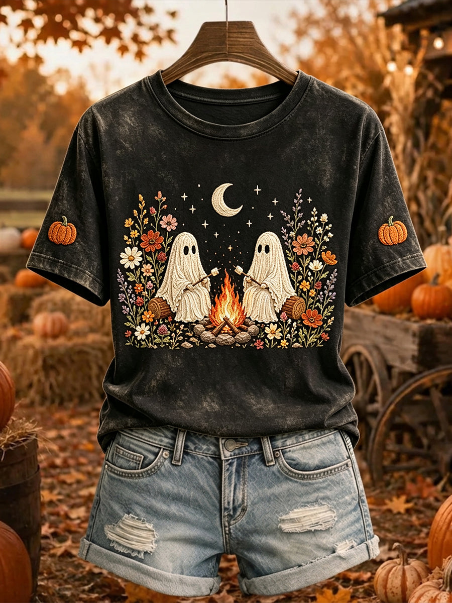 Women's Ghost Campfire Marshmallow Wildflower Camping Fall Halloween Print Short-sleeved T-shirt