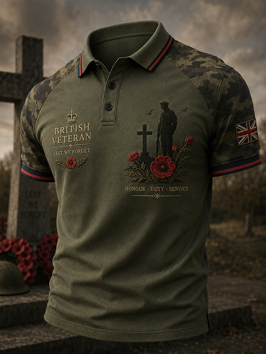 Men's Short-Sleeve Polo Shirt With Vintage Military Veteran Commemorative Print