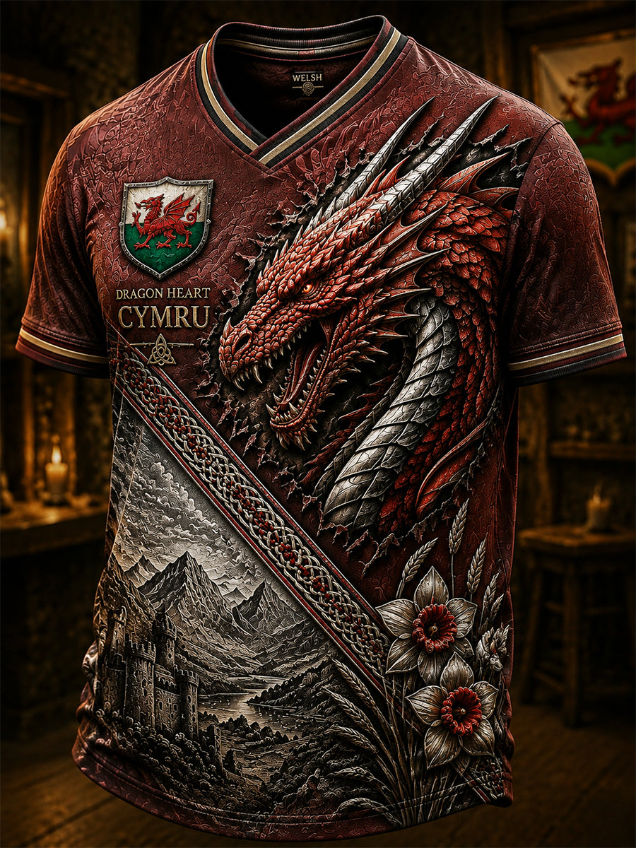 Men's Welsh Ddraig Goch Printed V-neck T-shirt