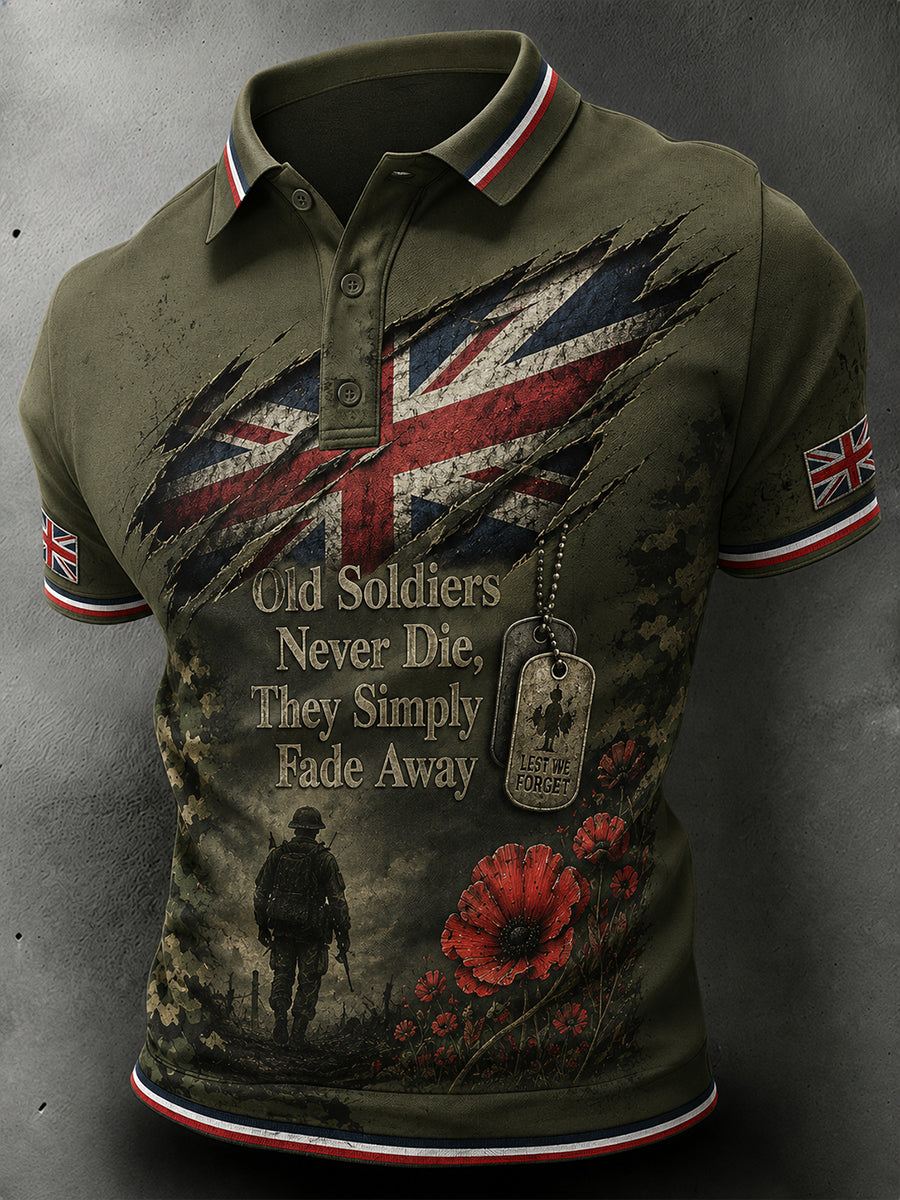 Men's Vintage Short-Sleeve Polo Shirt With Veteran Commemorative Slogan Print