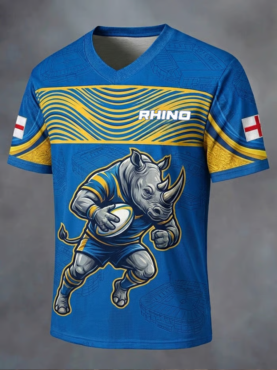 Men's UK rugby lover rhino Printed V-neck T-shirt