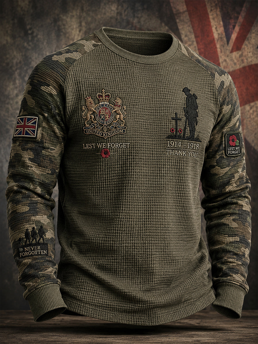 Men's Vintage Waffle-Knit Long-Sleeve T-Shirt With Camouflage Military-Style Print