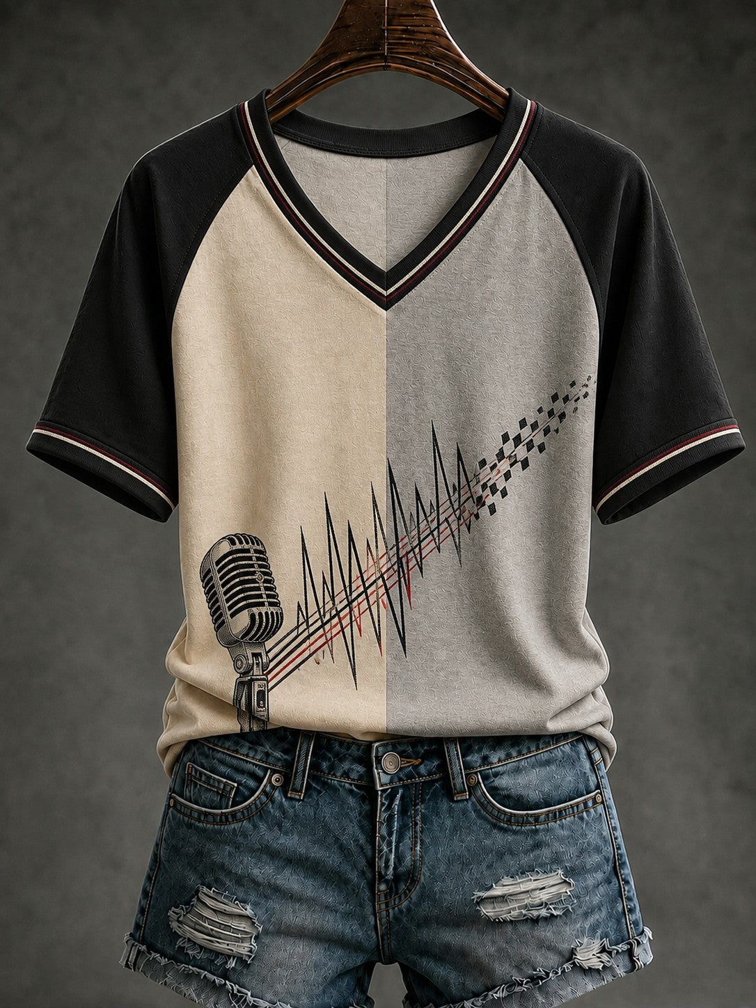 Women's Ska Revival Style Printed V-neck T-shirt