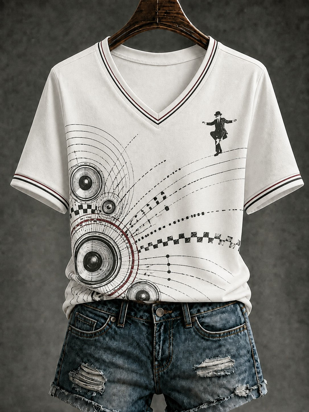 Women's Ska Revival Style Printed V-neck T-shirt