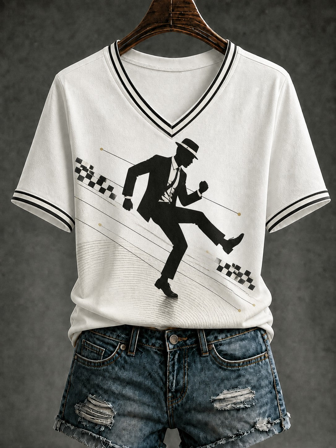 Women's Ska Revival Style Printed V-neck T-shirt