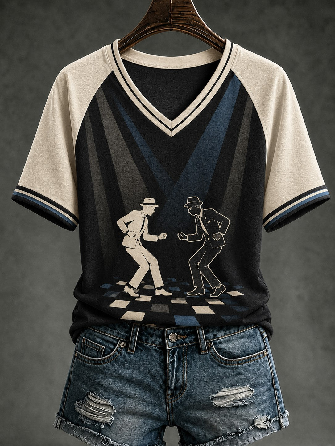 Women's Ska Revival Style Printed V-neck T-shirt