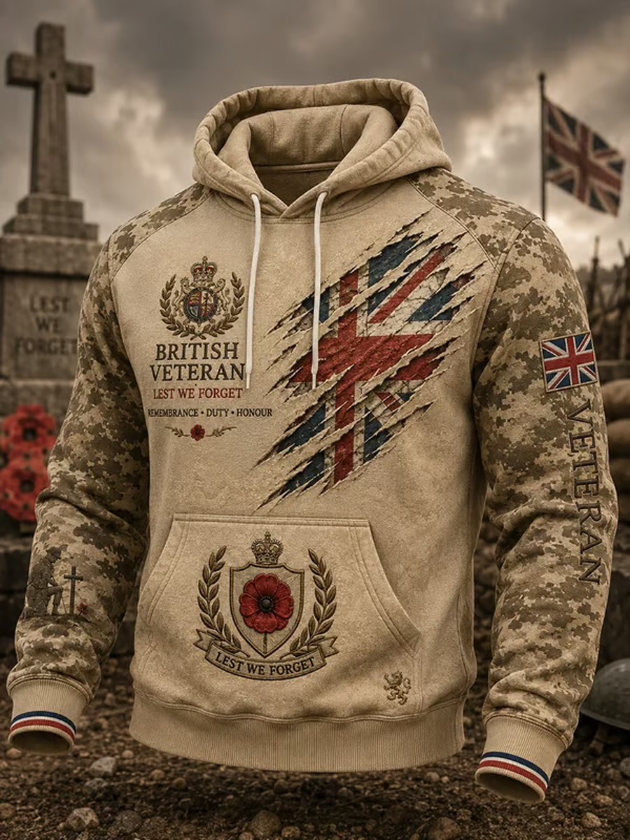 Men's British Veteran Print Oversized Drop-Shoulder Hoodie with Pockets
