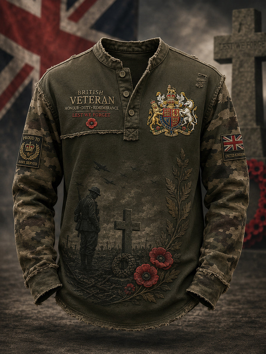 Men's Long-Sleeve Top With Vintage Camouflage And Veteran Commemorative Print