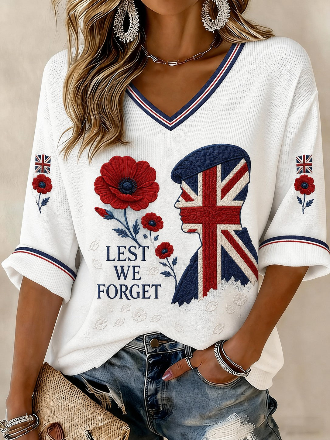 Women's Lest We Forget Printed Mid-length Sleeves V-neck T-shirt