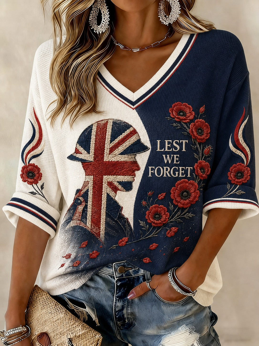 Women's Lest We Forget Printed Mid-length Sleeves V-neck T-shirt