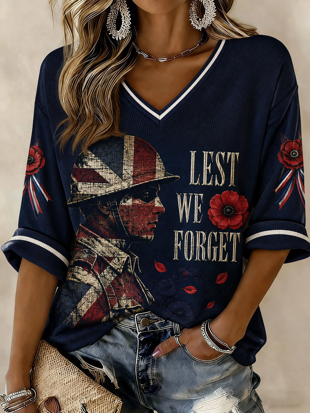 Women's Lest We Forget Printed Mid-length Sleeves V-neck T-shirt