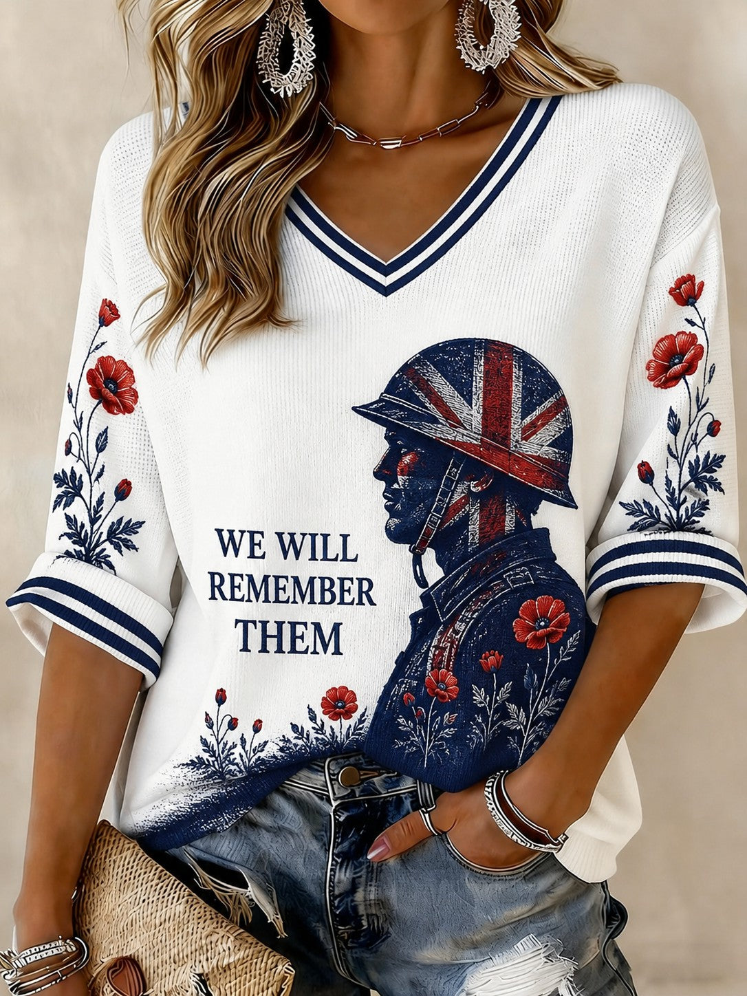 Women's WE WILL REMEMBER THEM Printed Mid-length Sleeves V-neck T-shirt