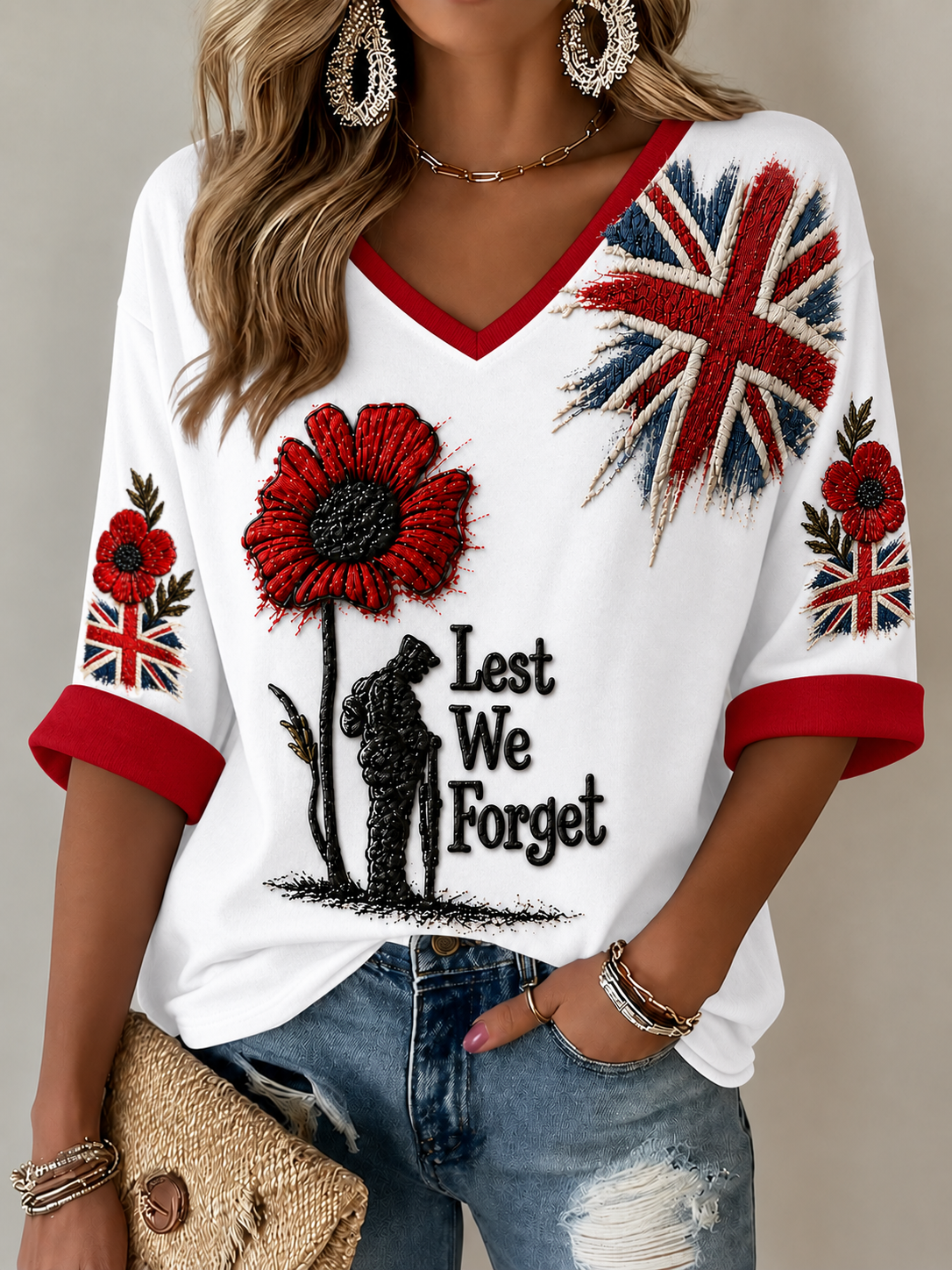 Women's Remembrance Day Mid-length Sleeves V-Neck T-Shirt