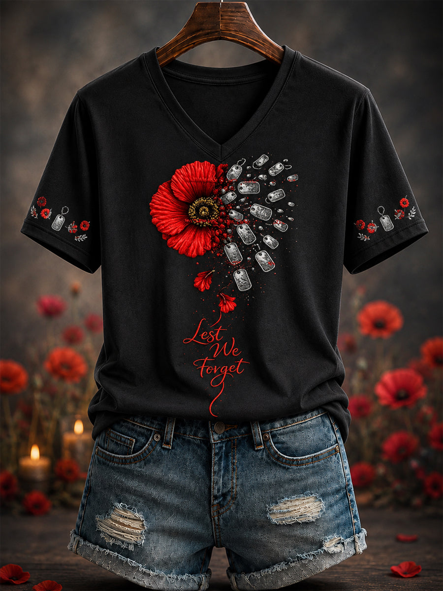 Women's Remembrance Day Printed V-neck T-shirt