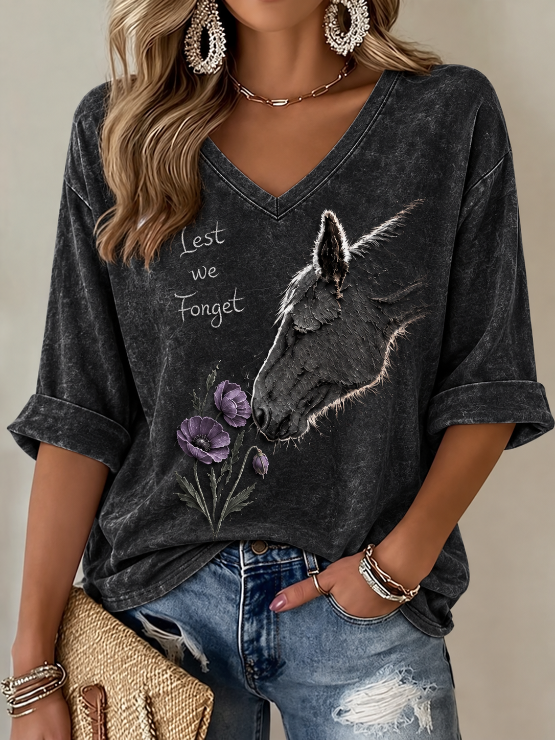Women's Remembering The Animals Of War Mid-length Sleeves V-Neck T-Shirt