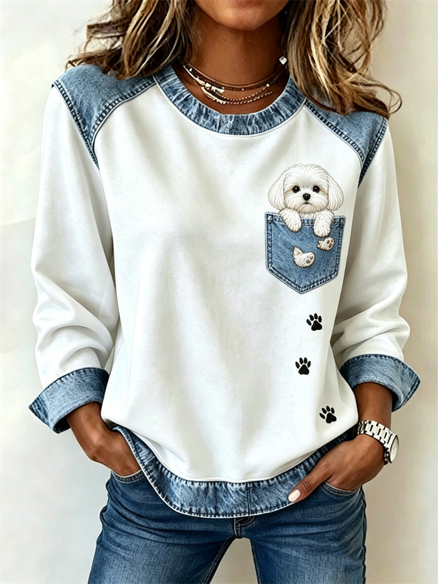 Women's Peeking Maltese Dog Faux Pocket Print Denim Patchwork Top