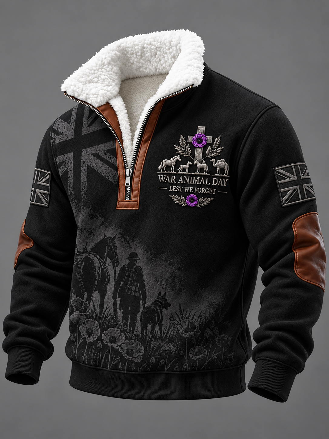 Men's Remembering The Animals Of War Plush Stand Collar Shirt