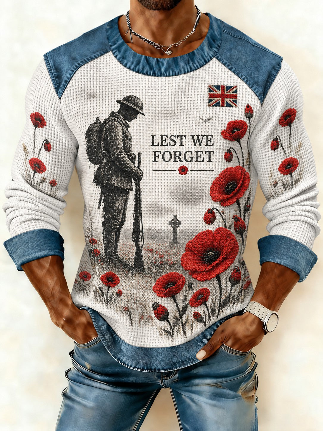 Men's Lest We Forget Printed Denim Patchwork Waffle Sweatshirt