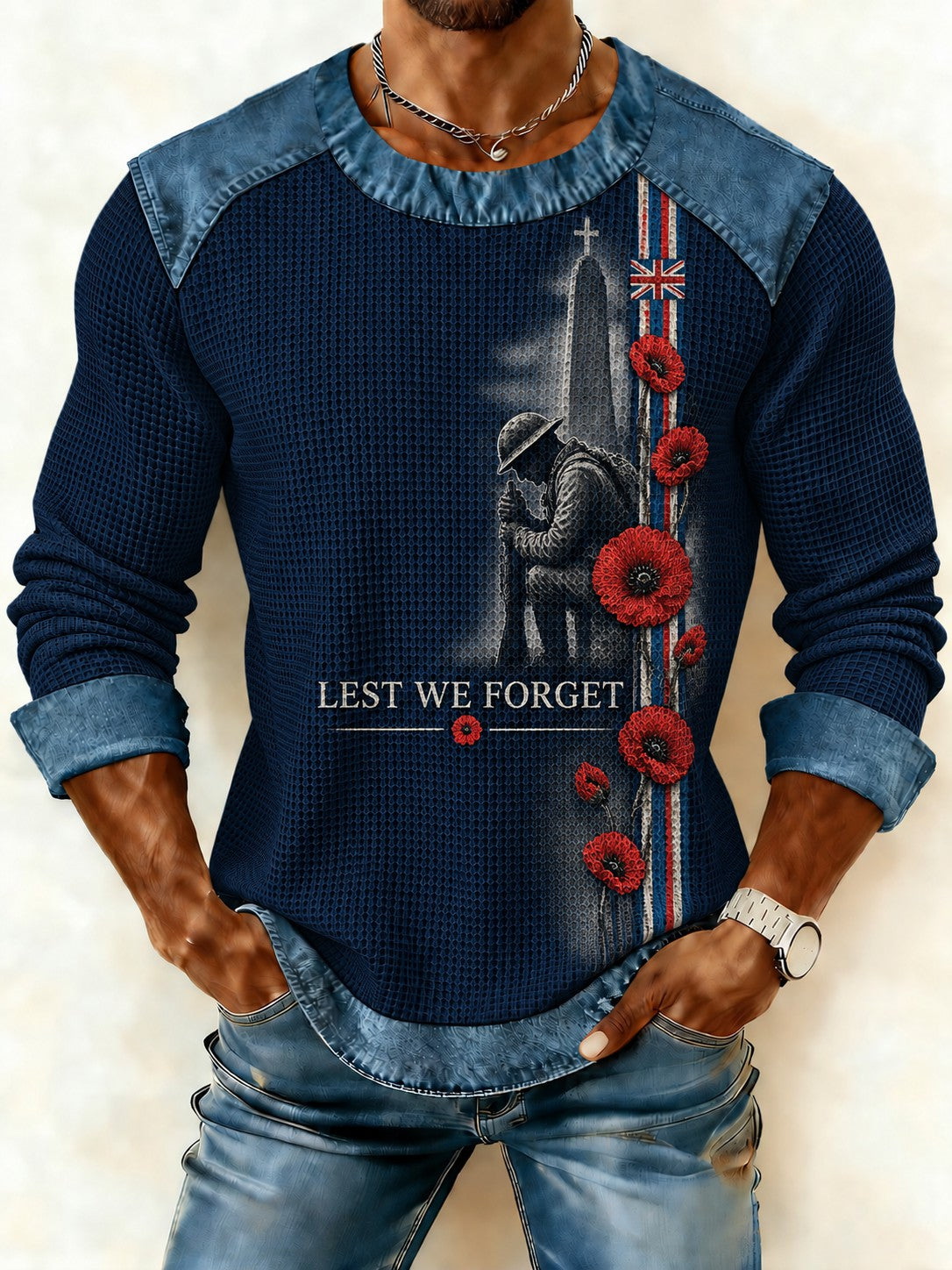 Men's Lest We Forget Printed Denim Patchwork Waffle Sweatshirt