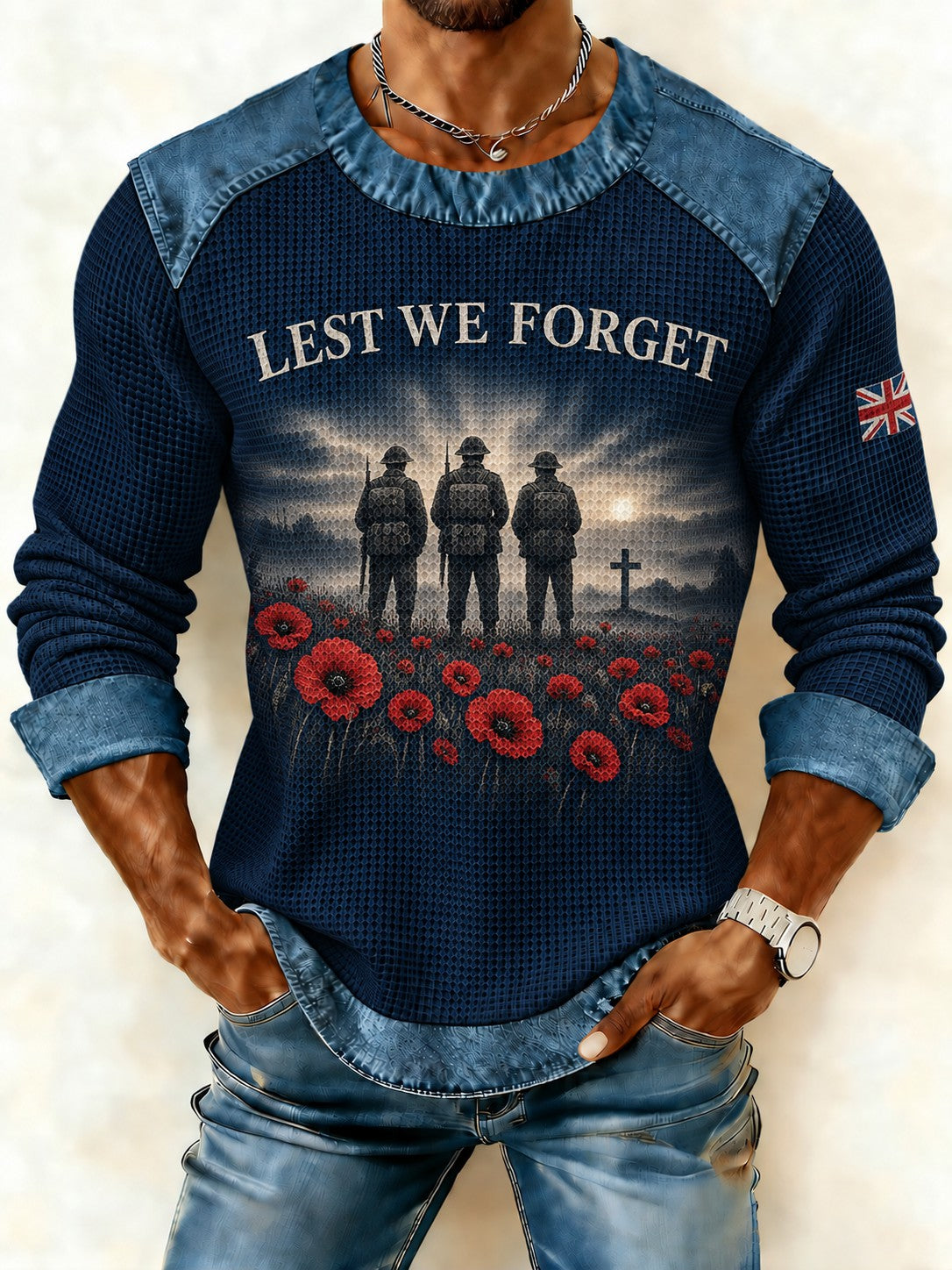 Men's Lest We Forget Printed Denim Patchwork Waffle Sweatshirt