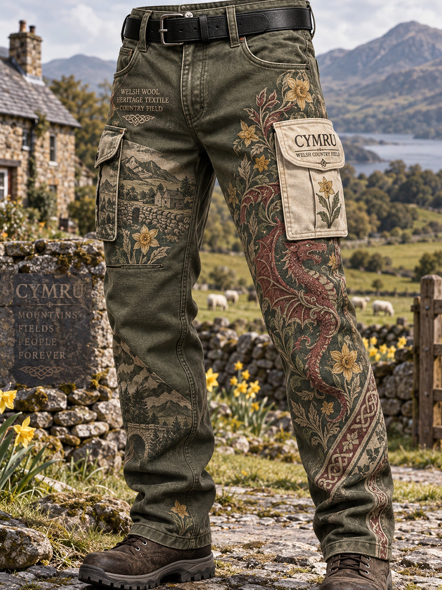 Men's Vintage Britsh Wales Printed Work Trousers