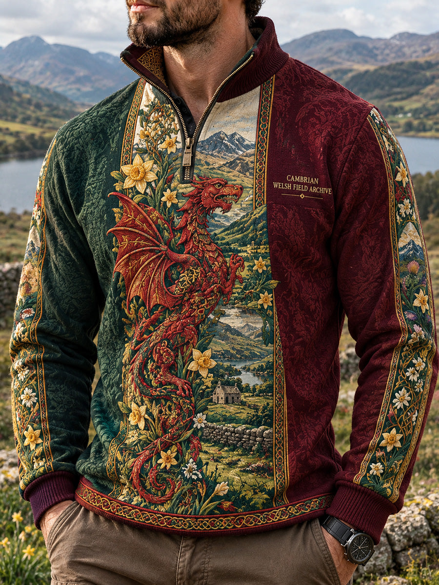Men's Vintage Britsh Wales Printed Placketed Sleeve Sweater