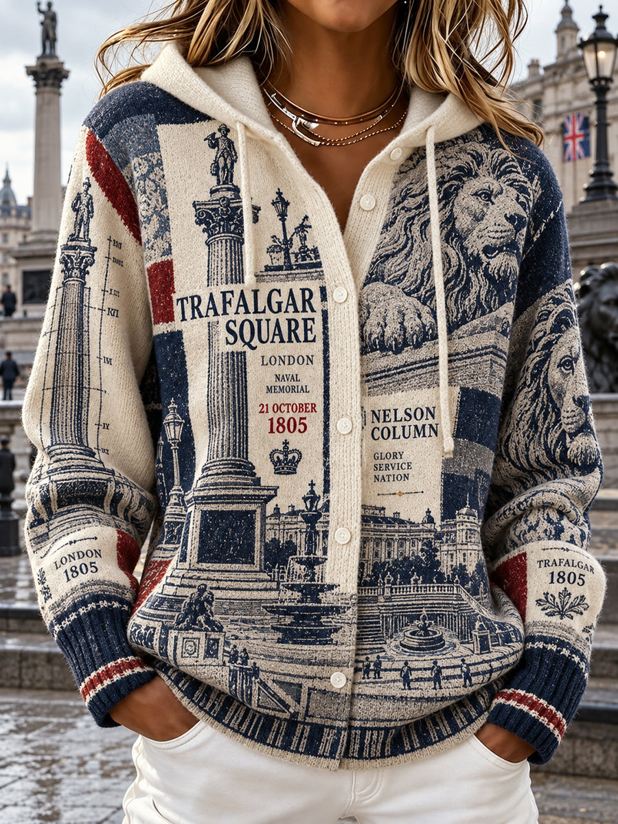 Women's Vintage British Trafalgar Day Printed Knitted Coat