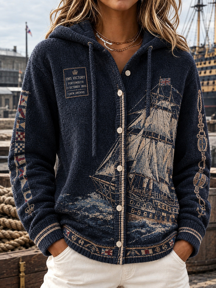 Women's Vintage British Trafalgar Day Printed Knitted Coat