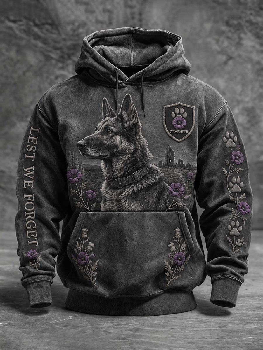 Men's Lest We Forget Military Dog Print Oversized Drop-Shoulder Hoodie With Pockets
