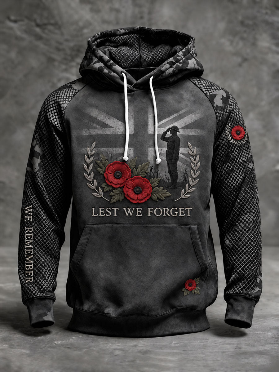 Men's Lest We Forget Print Velvet Raglan Hoodie