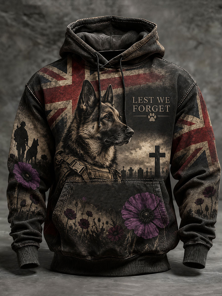 Men's Lest We Foget Military Dog Print Oversized Drop-Shoulder Hoodie With Pockets