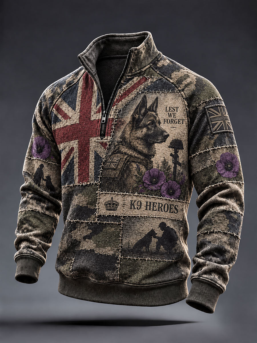 Men's Lest We Foget Military Dog Print Zip-Up Hoodie