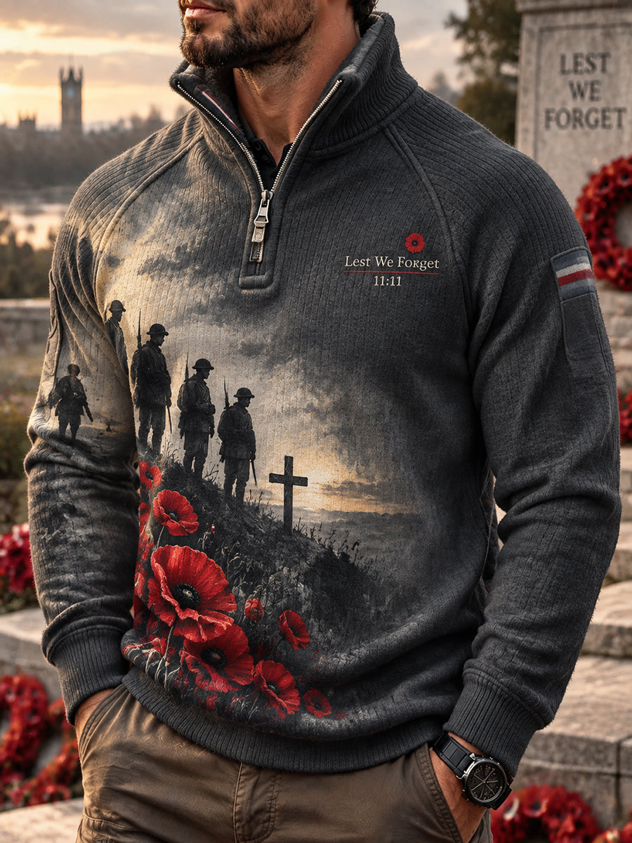 Men's Placketed British Remembrance Day Printed Long Sleeve Sweater