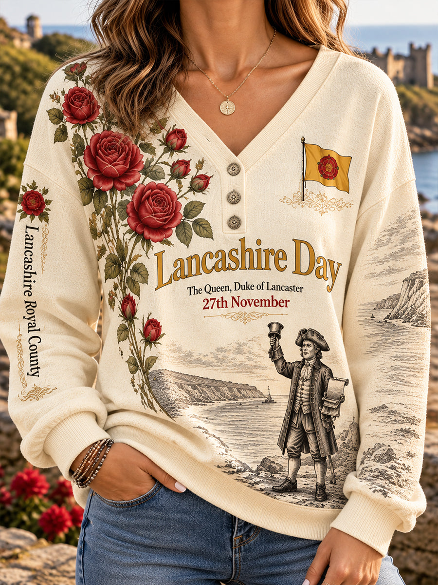 Women's UK Lancashire Day V-Neck Henley Sweatshirt