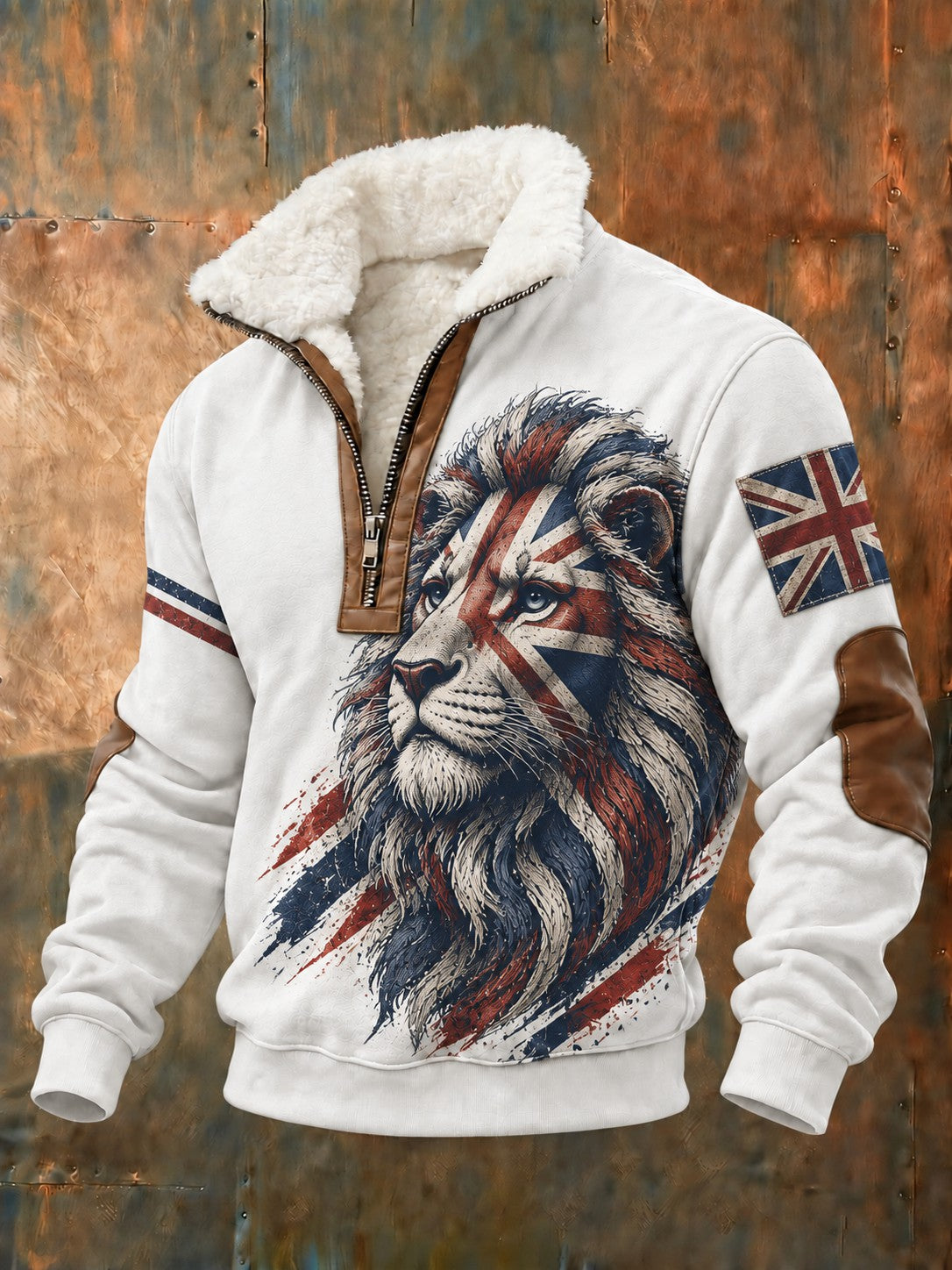 Men's British Lion Printed Plush Stand Collar Shirt