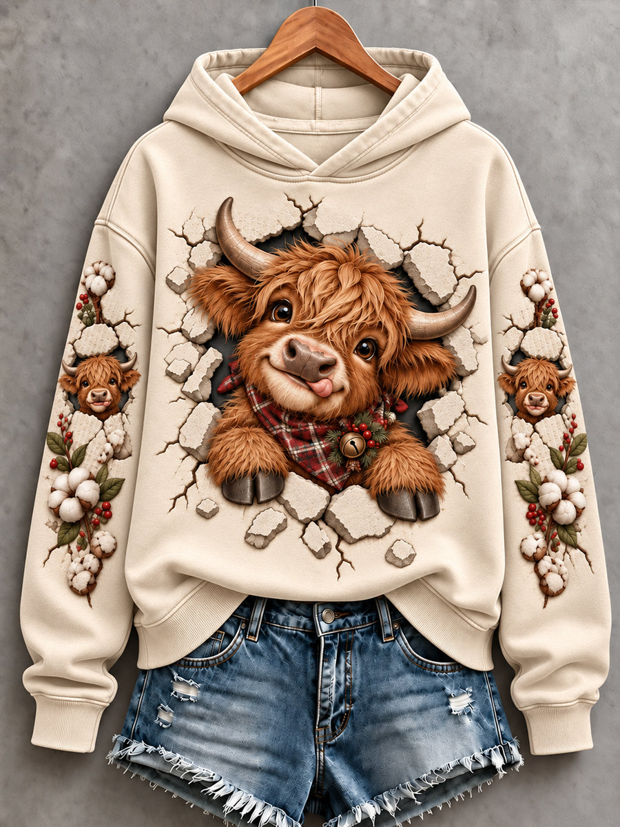 Women's Cute Highland Cow Art Print Hoodie