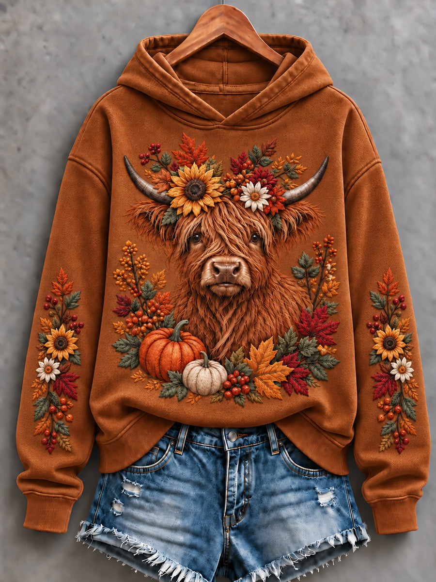 Women's Cute Highland Cow Art Print Hoodie