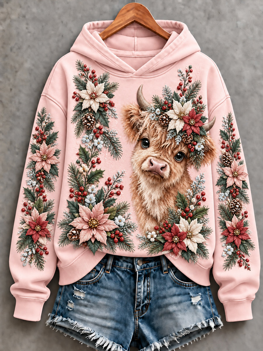 Women's Cute Highland Cow Art Print Hoodie