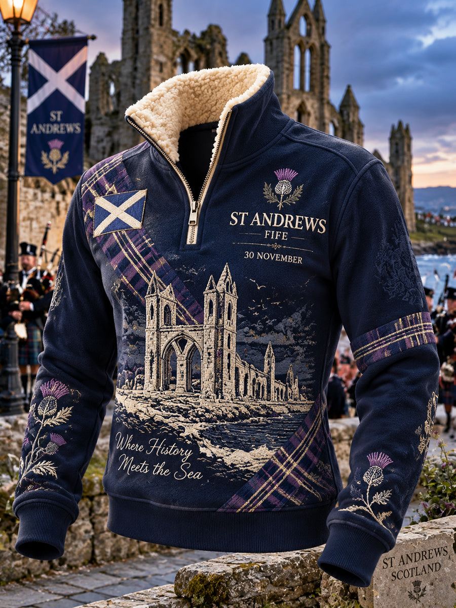 Women's Vintage Scottish St Andrew's Day Printed Fur Collar Top