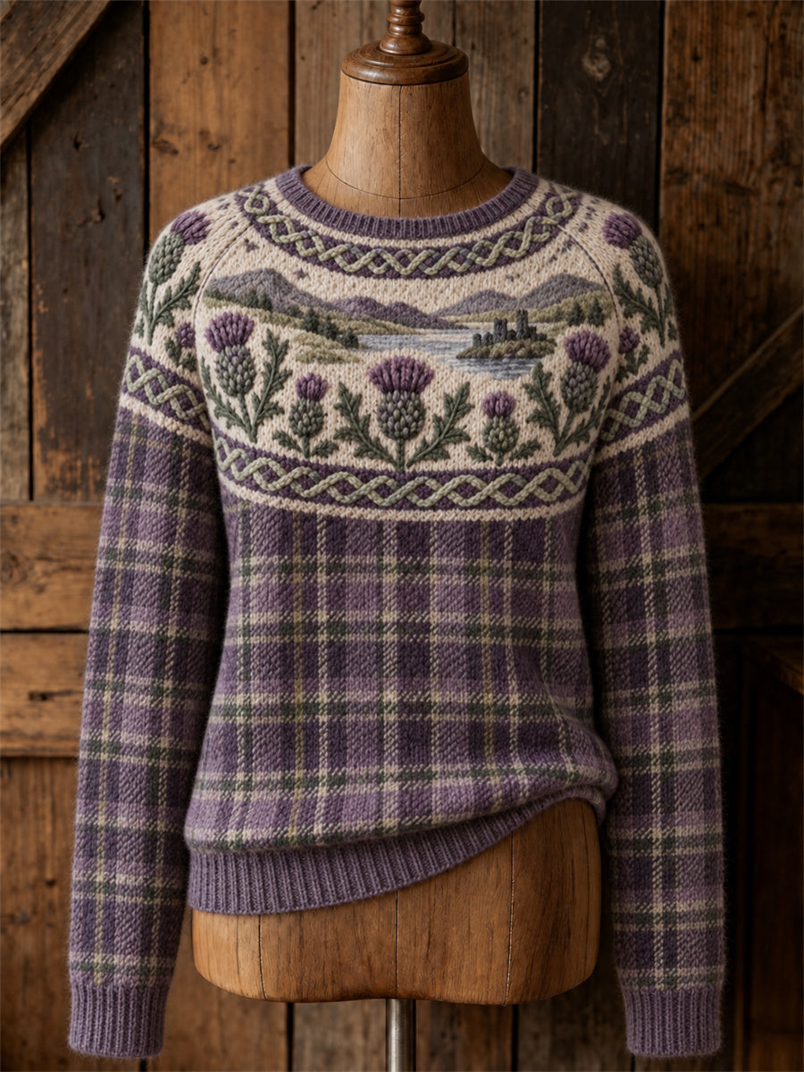 Women's Vintage Thistles Scotland Landscape & Tartan Yoke Isle Print crew neck sweater