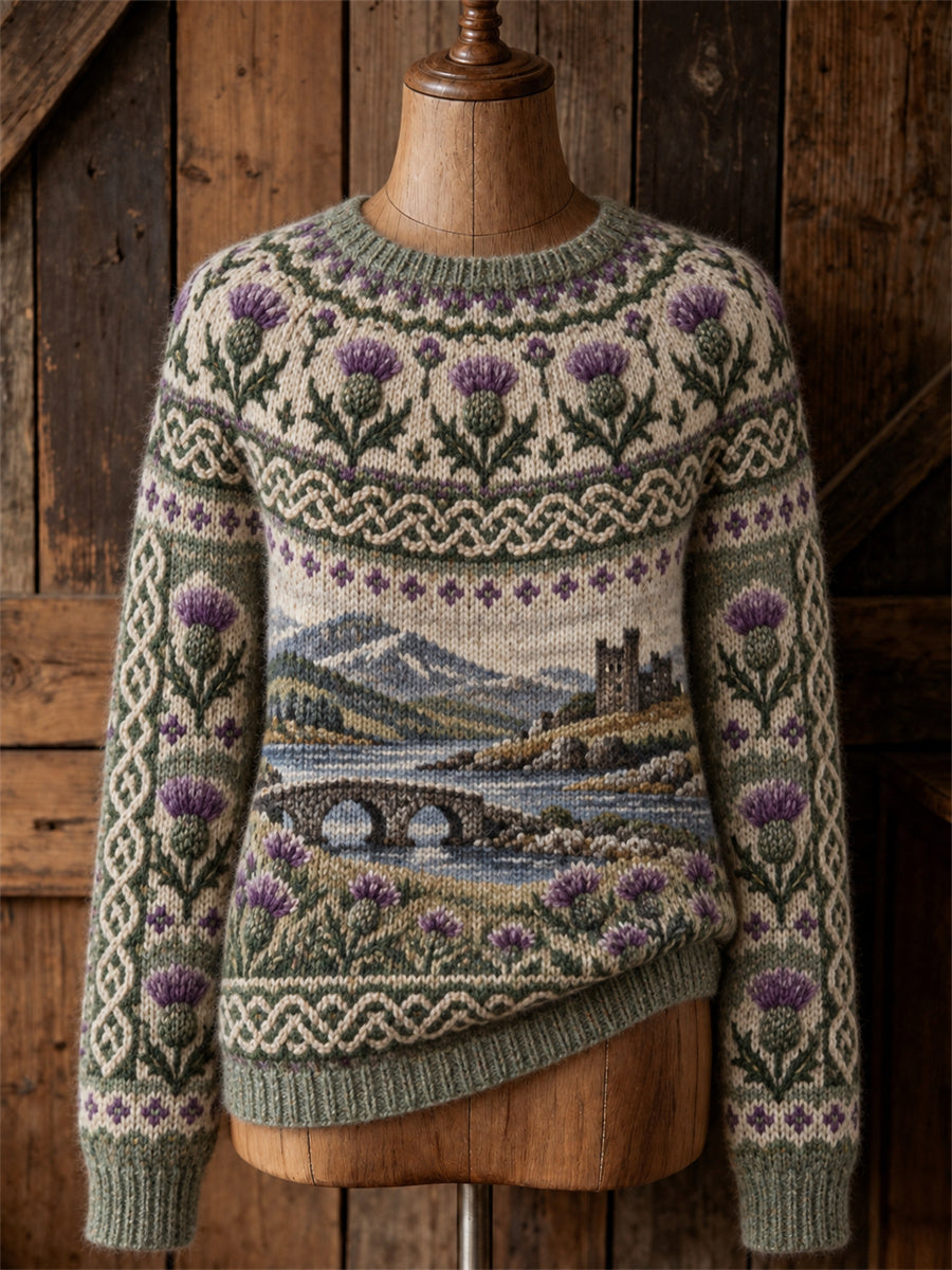 Women's Vintage Thistles Scotland Landscape Yoke Isle Print crew neck sweater