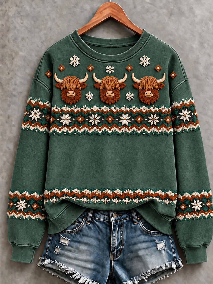 Women's Cute Highland Cow Art Print Sweatshirt